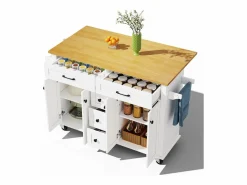 Hot Isla de cocina con ruedas - 140 x 65 x 89 cm - con encimera extensible + 5 cajones + 4 puertas - Isla Cocina