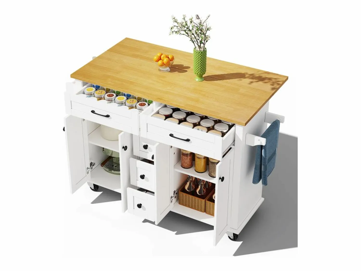 Hot Isla de cocina con ruedas - 140 x 65 x 89 cm - con encimera extensible + 5 cajones + 4 puertas - Isla Cocina