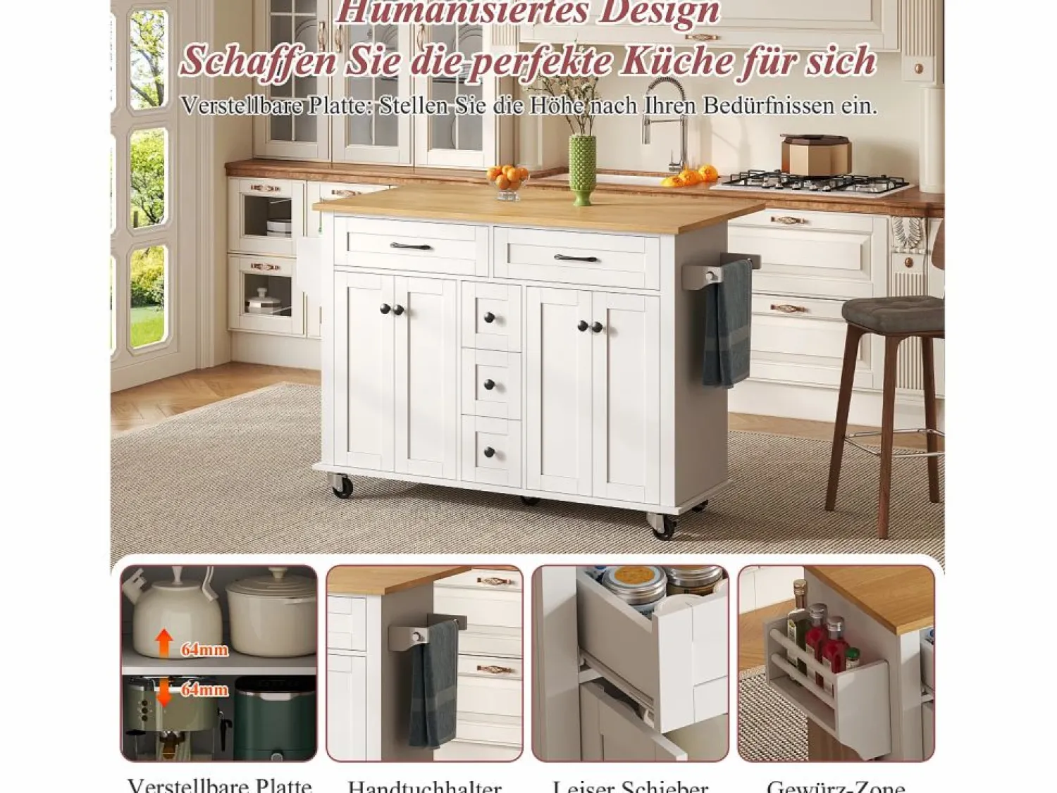 Hot Isla de cocina con ruedas - 140 x 65 x 89 cm - con encimera extensible + 5 cajones + 4 puertas - Isla Cocina