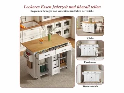 Hot Isla de cocina con ruedas - 140 x 65 x 89 cm - con encimera extensible + 5 cajones + 4 puertas - Isla Cocina