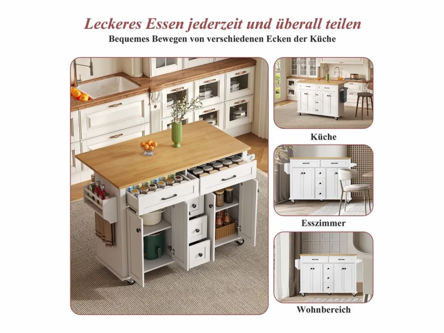 Hot Isla de cocina con ruedas - 140 x 65 x 89 cm - con encimera extensible + 5 cajones + 4 puertas - Isla Cocina