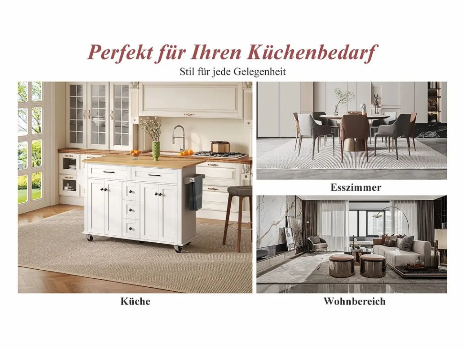 Hot Isla de cocina con ruedas - 140 x 65 x 89 cm - con encimera extensible + 5 cajones + 4 puertas - Isla Cocina