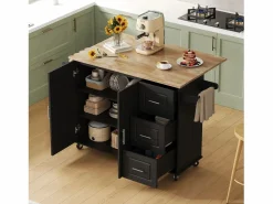 Hot Isla de cocina con ruedas 137x43/76 cm con 3 cajones y 2 puertas - y madera Isla Cocina
