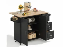 Hot Isla de cocina con ruedas 137x43/76 cm con 3 cajones y 2 puertas - y madera Isla Cocina