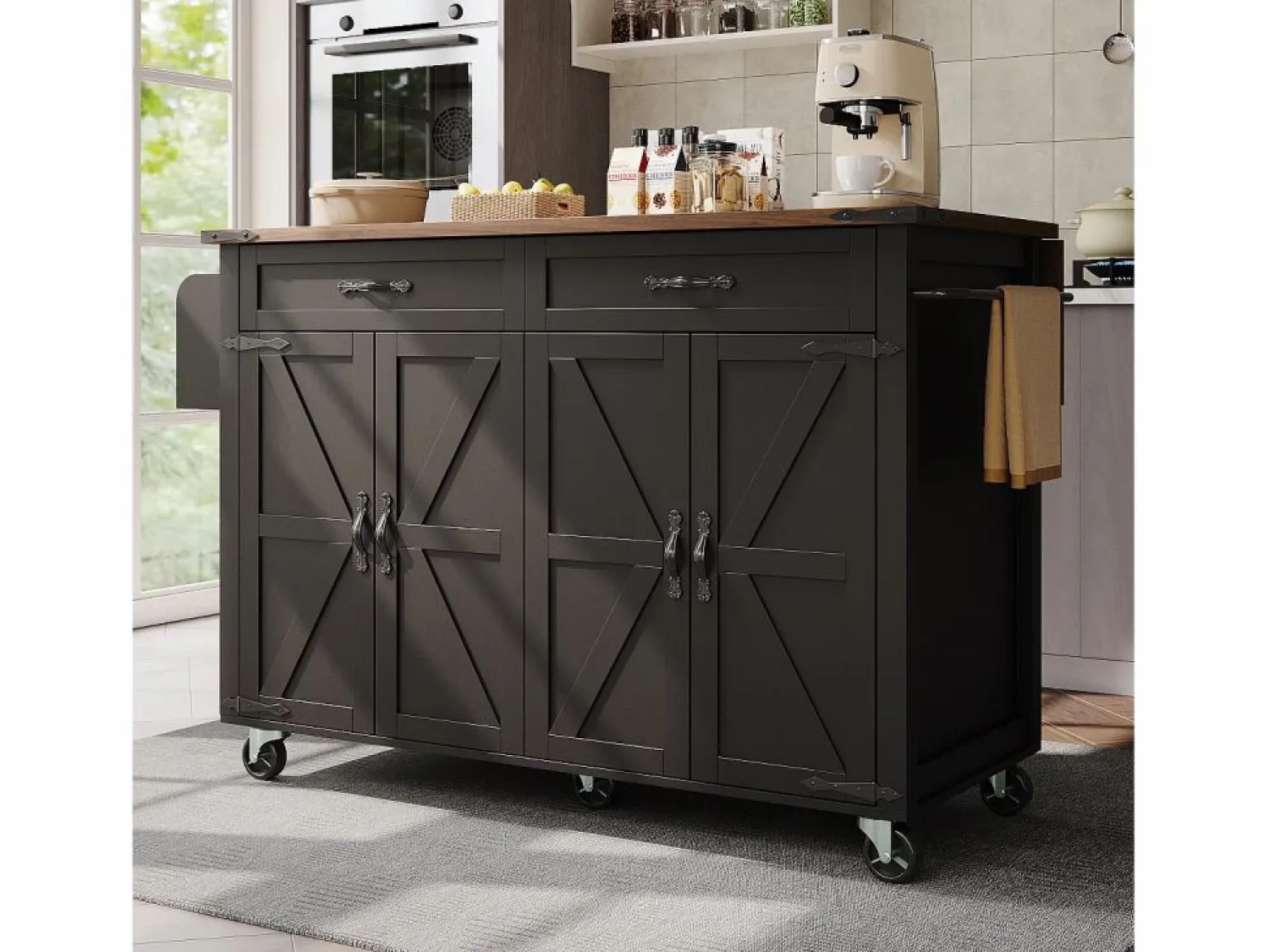 New Merax Isla de cocina con ruedas - 140 x 45 x 90 cm - con encimera extensible + 4 puertas + 2 cajones - Metal + MDF - Negro