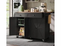 New Merax Isla de cocina con ruedas - 140 x 45 x 90 cm - con encimera extensible + 4 puertas + 2 cajones - Metal + MDF - Negro