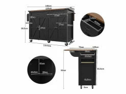 New Merax Isla de cocina con ruedas - 140 x 45 x 90 cm - con encimera extensible + 4 puertas + 2 cajones - Metal + MDF - Negro
