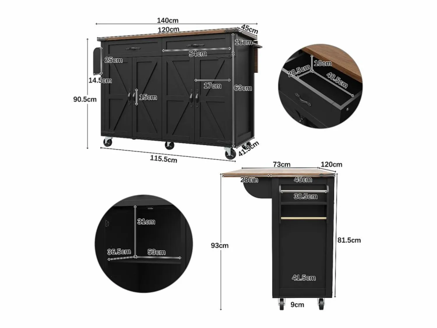 New Merax Isla de cocina con ruedas - 140 x 45 x 90 cm - con encimera extensible + 4 puertas + 2 cajones - Metal + MDF - Negro