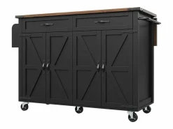 New Merax Isla de cocina con ruedas - 140 x 45 x 90 cm - con encimera extensible + 4 puertas + 2 cajones - Metal + MDF - Negro