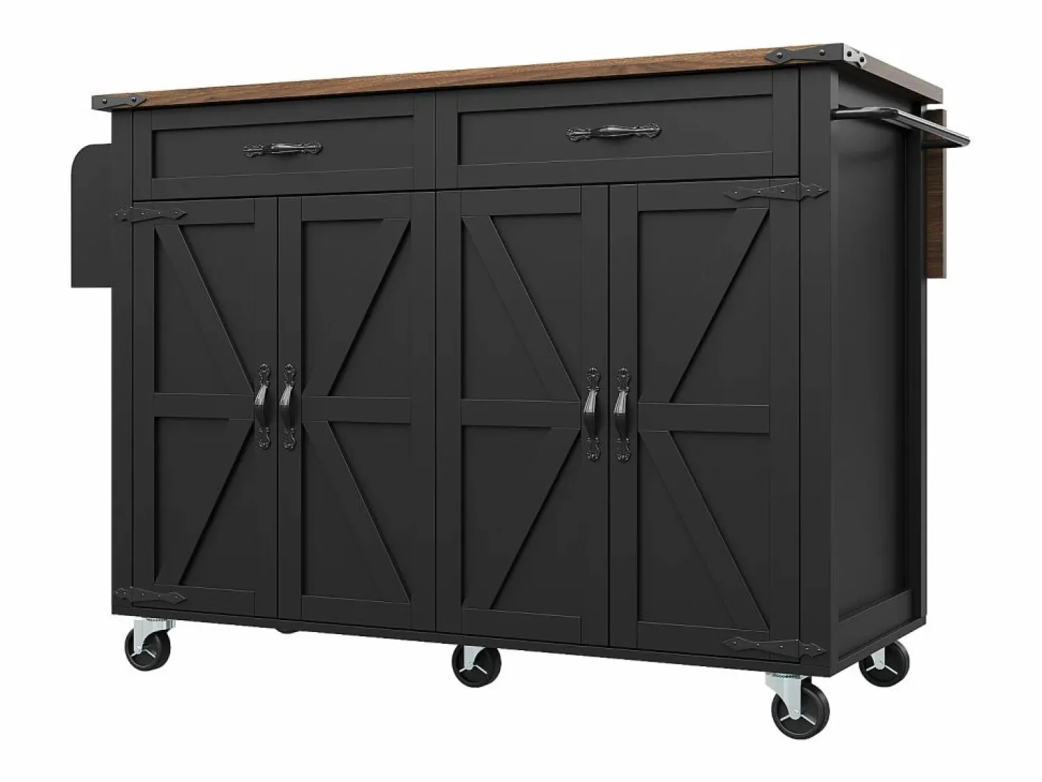 New Merax Isla de cocina con ruedas - 140 x 45 x 90 cm - con encimera extensible + 4 puertas + 2 cajones - Metal + MDF - Negro