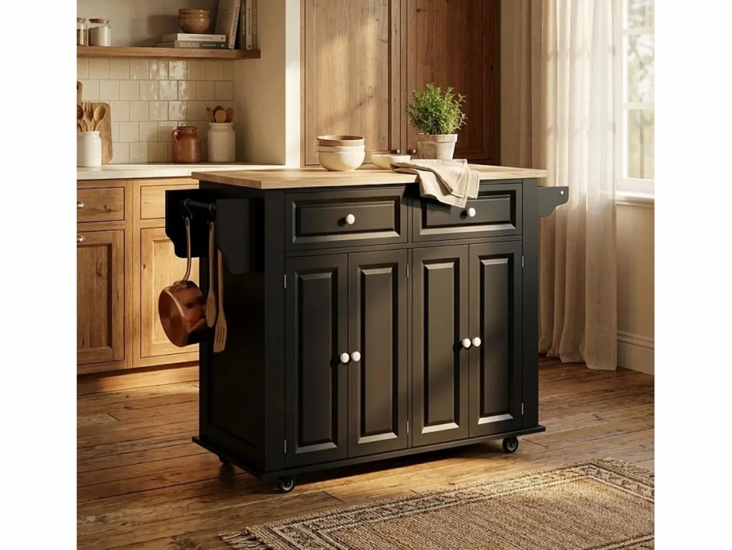 New AHD Isla de cocina con ruedas, 2 cajones, 4 puertas y especiero Turchese - Negro