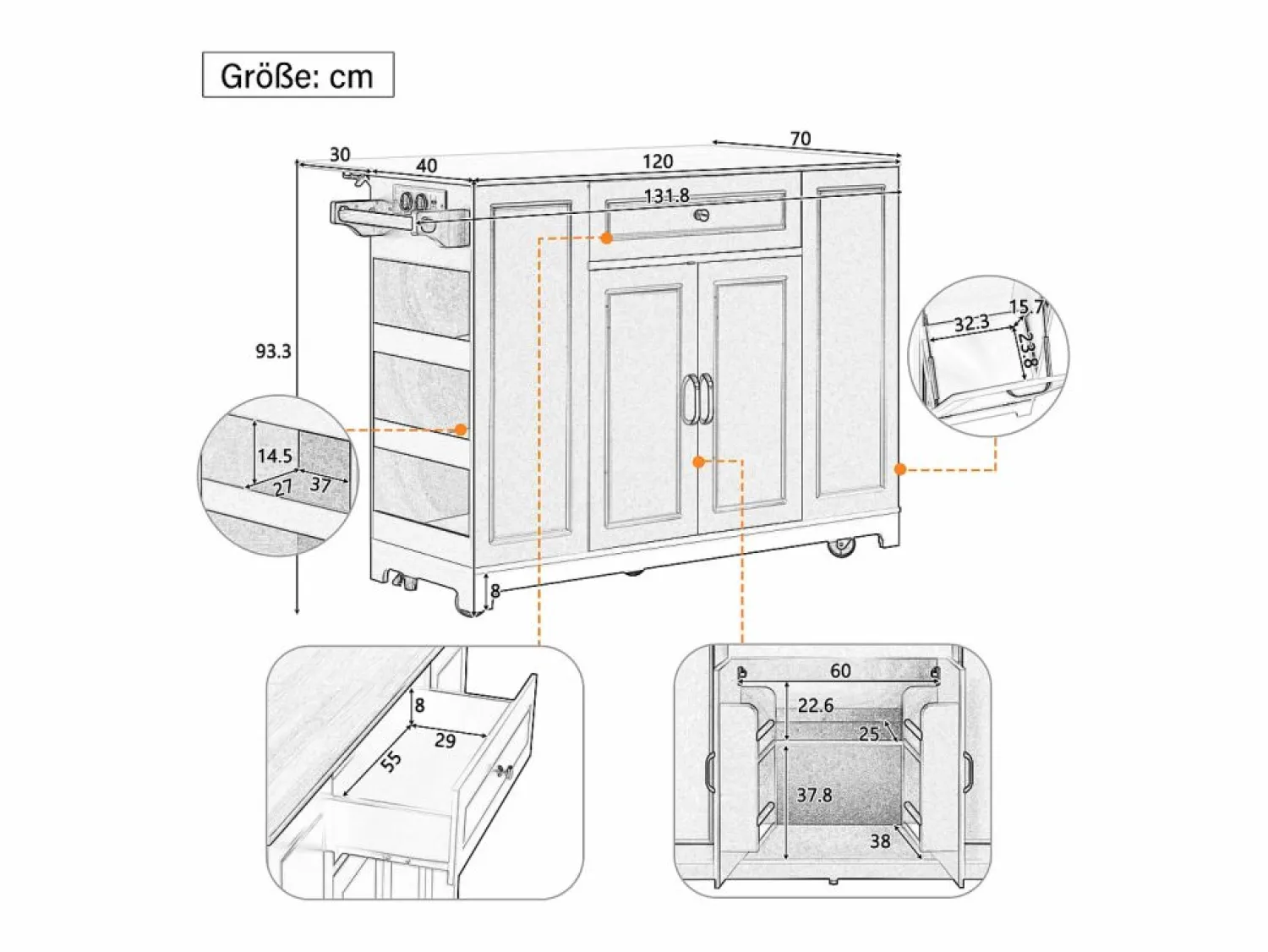 Hot Hauss Spole Isla de cocina con ruedas con USB, 2 cajones y 2 puertas - Compartimento para papelera - y natural Blanco