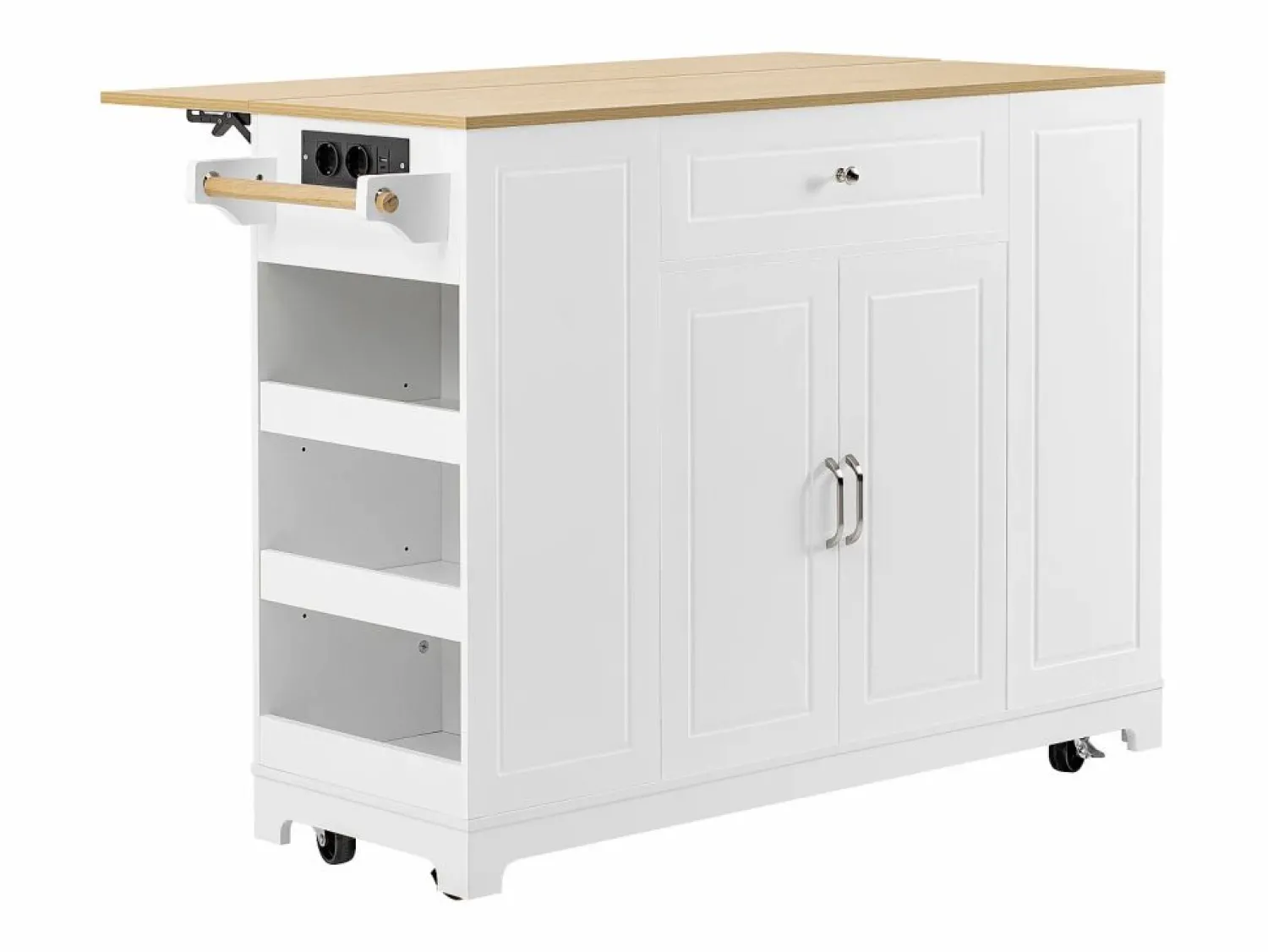 Hot Hauss Spole Isla de cocina con ruedas con USB, 2 cajones y 2 puertas - Compartimento para papelera - y natural Blanco