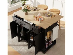 Clearance Isla de cocina con tablero abatible, separadores extraíbles, aparador de cristal templado, MDF y metal, color y natural (151,5x60x91,7 cm) Negro