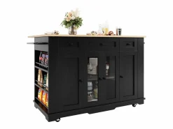 Clearance Isla de cocina con tablero abatible, separadores extraíbles, aparador de cristal templado, MDF y metal, color y natural (151,5x60x91,7 cm) Negro