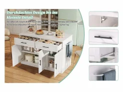 Isla de cocina con tomas de corriente, puertos USB, estantes ajustables y barra (120x60x91cm)