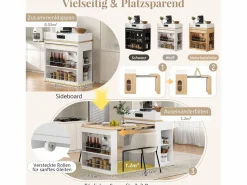 Hot Isla de cocina extensible con ruedas y tablero abatible - 83 x 46 x 96 cm - mesa alta con puerta y cajón - MDF + cristal - Isla Cocina
