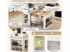 Hot Isla de cocina extensible con ruedas y tablero abatible - 83 x 46 x 96 cm - mesa alta con puerta y cajón - MDF + cristal - Isla Cocina