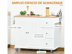 Homcom Isla de cocina Kalos extensible con ruedas 92,5x128,8x75,5 cm