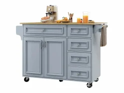 ModernLuxe Isla de cocina moderna 130×45×92 cm - con 5 cajones y 2 puertas - encimera extensible - con ruedas -