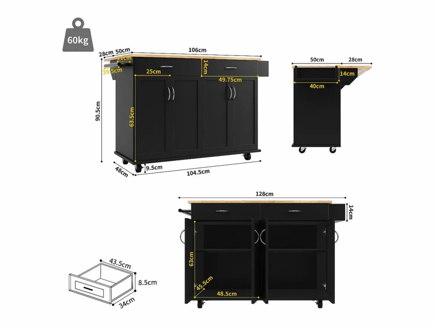 Hot Isla de cocina moderna, encimera abatible, mueble de almacenaje, acabado madera MDF, color (106x50x90,5 cm) Isla Cocina
