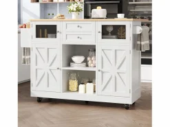 Sale ModernLuxe Isla de cocina móvil 140×70×93,5 cm - 2 cajones y 4 puertas - encimera extensible - estantes ajustables - Blanco