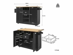 ModernLuxe Isla de cocina móvil 140×70×93,5 cm - 1 cajón y 2 puertas - encimera extensible - con ruedas -