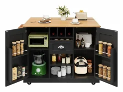 ModernLuxe Isla de cocina móvil 140×70×93,5 cm - 1 cajón y 2 puertas - encimera extensible - con ruedas -