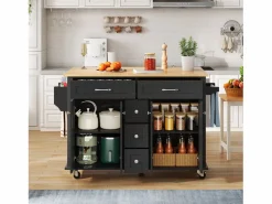 ModernLuxe Isla de cocina móvil - encimera extensible - 5 cajones y 4 puertas - con toallero - MDF - negro