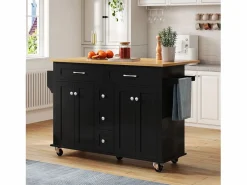 ModernLuxe Isla de cocina móvil - encimera extensible - 5 cajones y 4 puertas - con toallero - MDF - negro