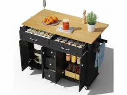 ModernLuxe Isla de cocina móvil - encimera extensible - 5 cajones y 4 puertas - con toallero - MDF - negro