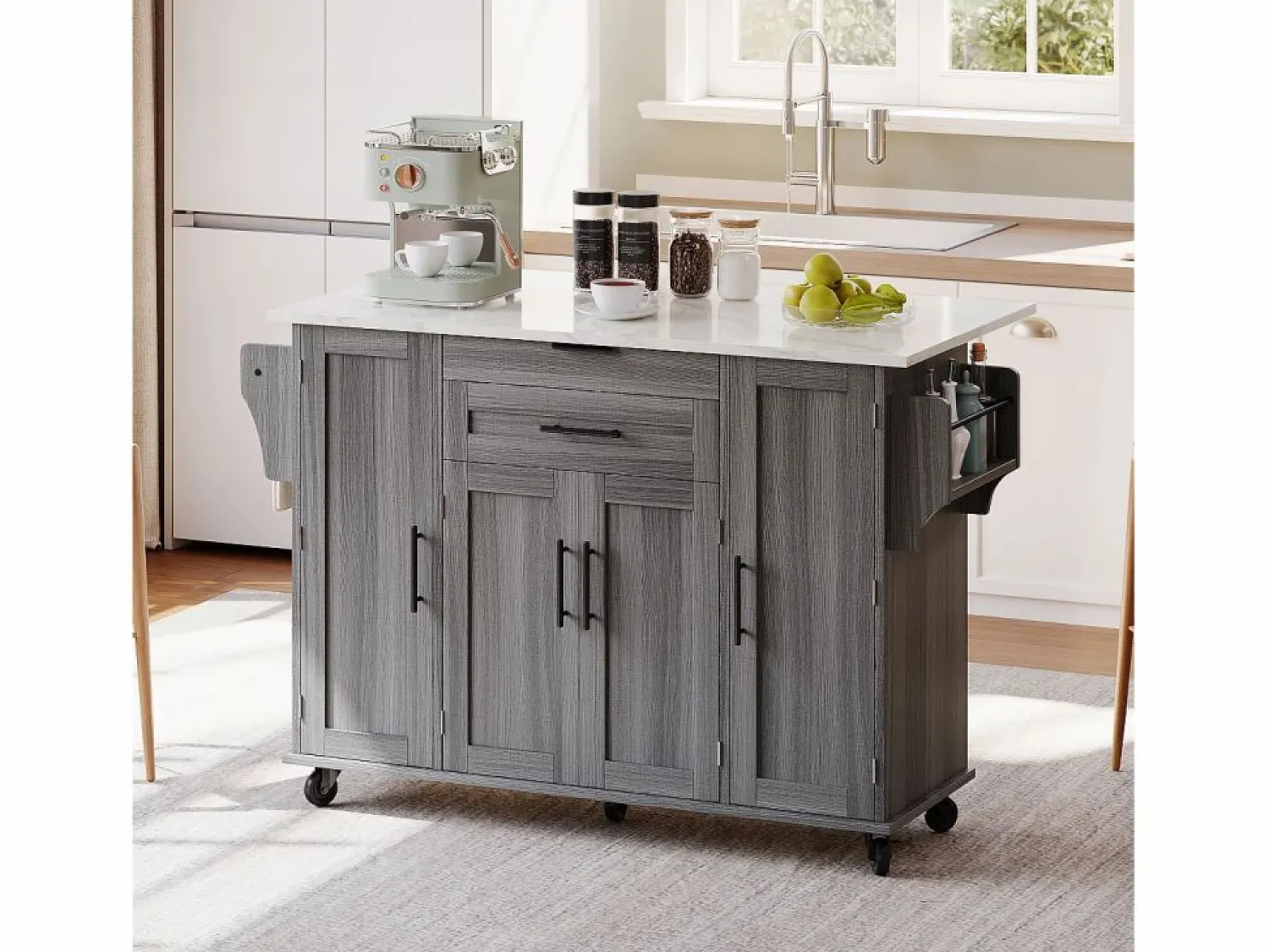 ModernLuxe Isla de cocina móvil - encimera extensible - con estante para especias y toallero - con 2 cajones y 4 puertas - MDF -