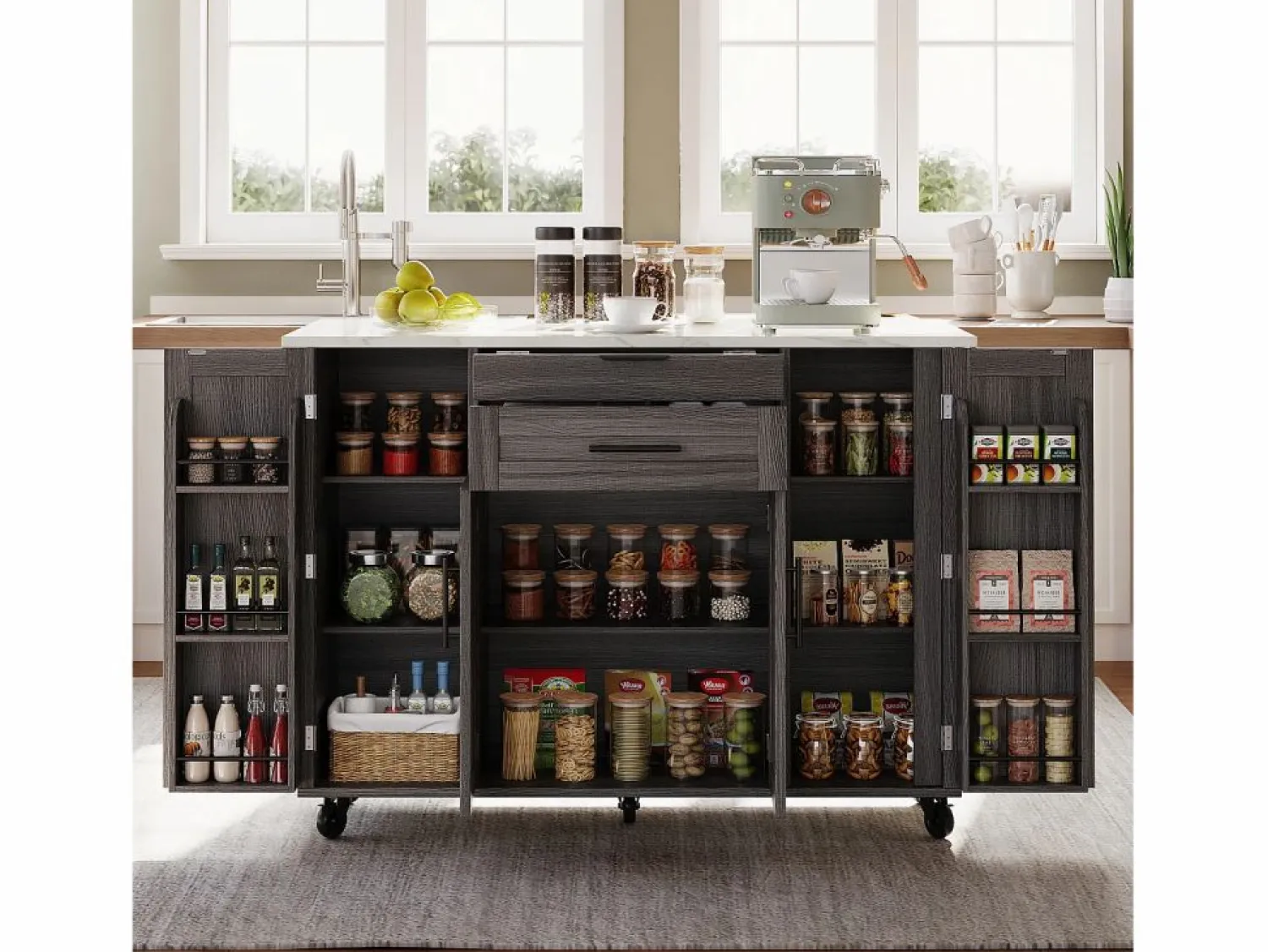 ModernLuxe Isla de cocina móvil - encimera extensible - con estante para especias y toallero - con 2 cajones y 4 puertas - MDF -