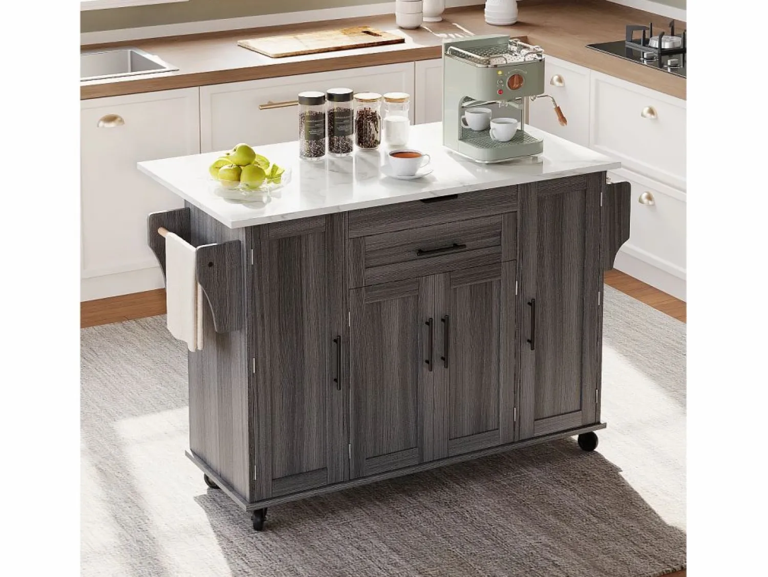 ModernLuxe Isla de cocina móvil - encimera extensible - con estante para especias y toallero - con 2 cajones y 4 puertas - MDF -