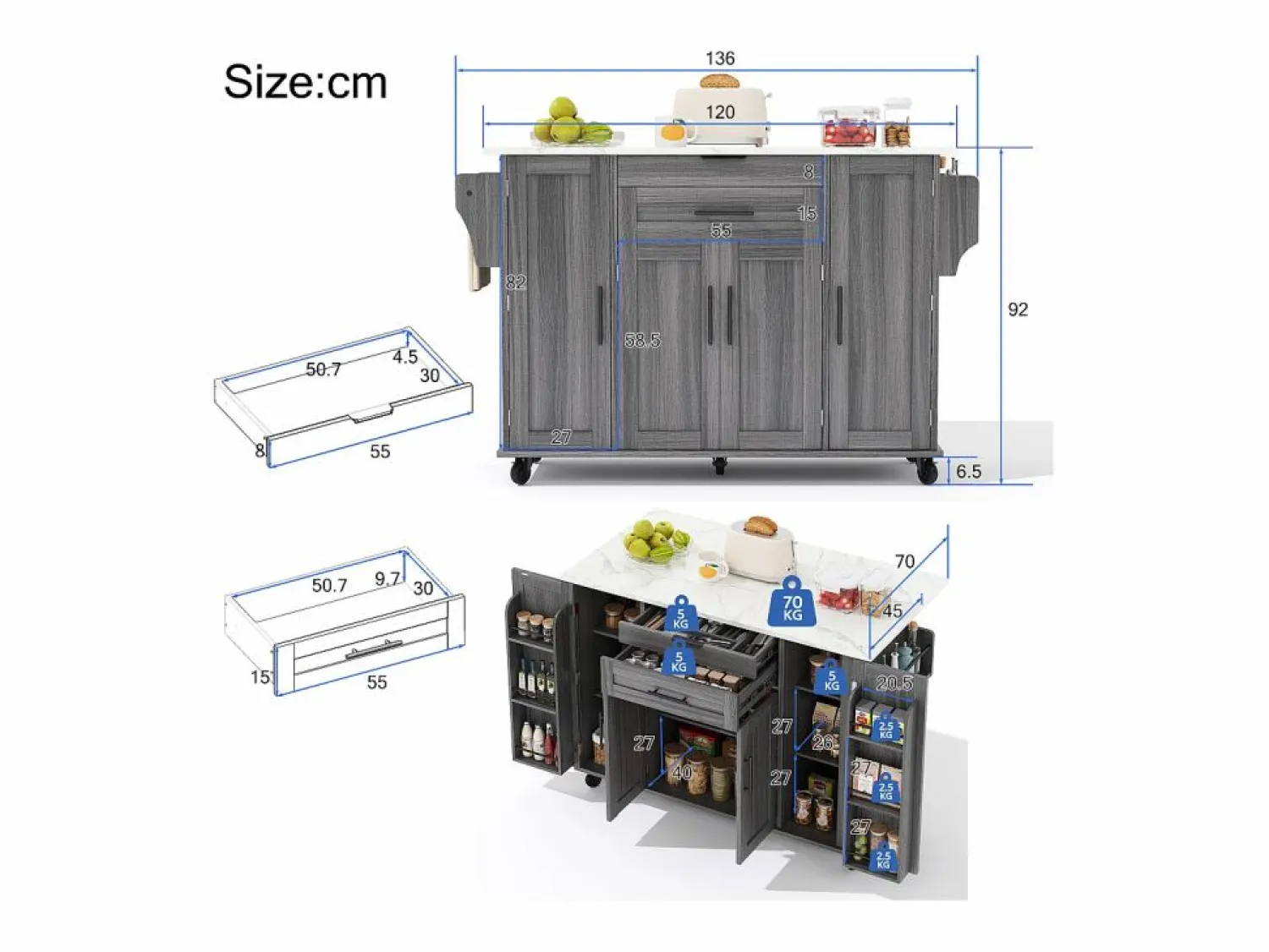 ModernLuxe Isla de cocina móvil - encimera extensible - con estante para especias y toallero - con 2 cajones y 4 puertas - MDF -