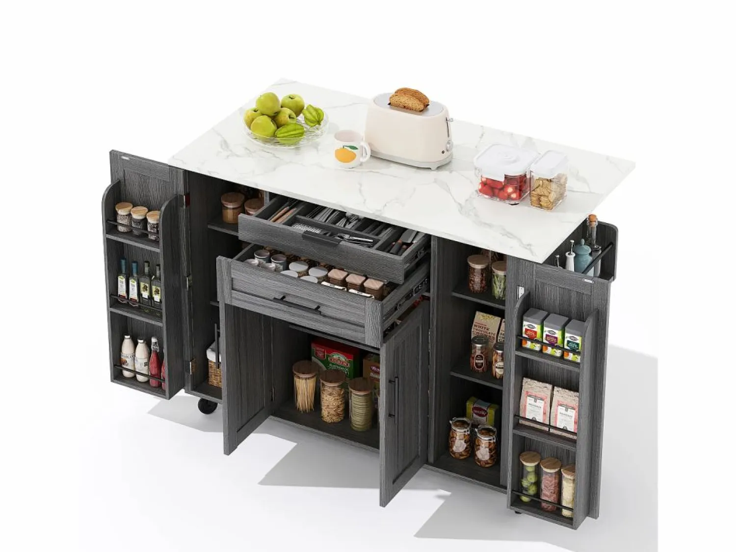 ModernLuxe Isla de cocina móvil - encimera extensible - con estante para especias y toallero - con 2 cajones y 4 puertas - MDF -