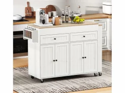 Hot Isla de cocina móvil blanca - Carrito de cocina con 4 puertas y 2 cajones - tablero de madera extensible y especiero Color natural claro / Blanco