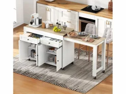 Hot Isla de cocina móvil blanca - Carrito de cocina con 4 puertas y 2 cajones - tablero de madera extensible y especiero Color natural claro / Blanco