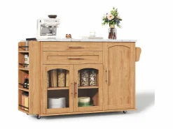 Best ModernLuxe Isla de cocina móvil central - mesa de comedor plegable - con espacio de almacenamiento y estante para especias - con ruedas - Natural Color natural claro