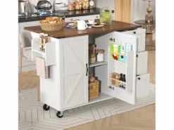 Clearance Merax Isla de cocina móvil central con 2 puertas y 3 cajones - tapa extensible - 140 x 45/73 x 92,5 cm - Madera MDF + metal - + natural Blanco