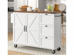 Clearance Merax Isla de cocina móvil central con 2 puertas y 3 cajones - tapa extensible - 140 x 45/73 x 92,5 cm - Madera MDF + metal - + natural Blanco