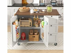 Clearance Merax Isla de cocina móvil central con 2 puertas y 3 cajones - tapa extensible - 140 x 45/73 x 92,5 cm - Madera MDF + metal - + natural Blanco