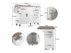 Clearance Merax Isla de cocina móvil central con 2 puertas y 3 cajones - tapa extensible - 140 x 45/73 x 92,5 cm - Madera MDF + metal - + natural Blanco