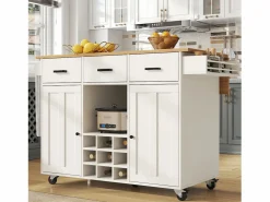 Merax Isla de cocina móvil con 2 puertas, 3 cajones y botellero para 9 botellas - Tablero extensible - 124x40/65x91,5 cm - MDF -