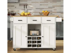 Merax Isla de cocina móvil con 2 puertas, 3 cajones y botellero para 9 botellas - Tablero extensible - 124x40/65x91,5 cm - MDF -