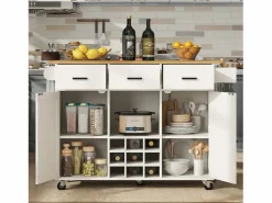 Merax Isla de cocina móvil con 2 puertas, 3 cajones y botellero para 9 botellas - Tablero extensible - 124x40/65x91,5 cm - MDF -