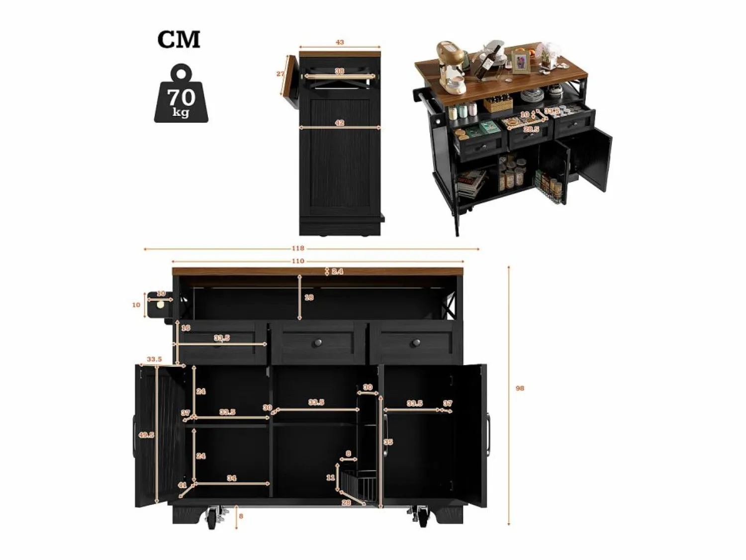 New Isla de cocina móvil con 3 cajones, 3 puertas y compartimento - 118 x 43/80 x 98 cm - MDF y metal - Isla Cocina