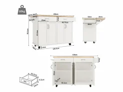 New Isla de cocina móvil con 4 puertas y 2 cajones - Tablero extensible - 106x50(78)x90,5cm - Madera MDF - y natural Isla Cocina