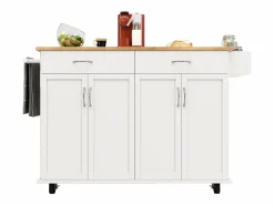New Isla de cocina móvil con 4 puertas y 2 cajones - Tablero extensible - 106x50(78)x90,5cm - Madera MDF - y natural Isla Cocina
