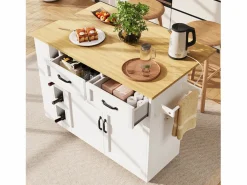 New Merax Isla de cocina móvil con 2 puertas, 2 cajones y 4 botelleros - Tablero extensible - 131,5x43(76)x90,7cm - MDF - y natural Blanco